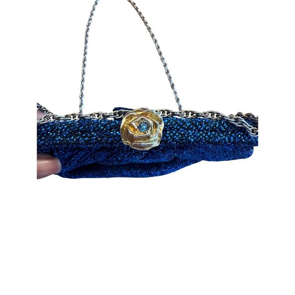 Vintage Blue Metallic Iridescent Evening Clutch Bag With Strap & Floral Clasp - Picture 3 of 8